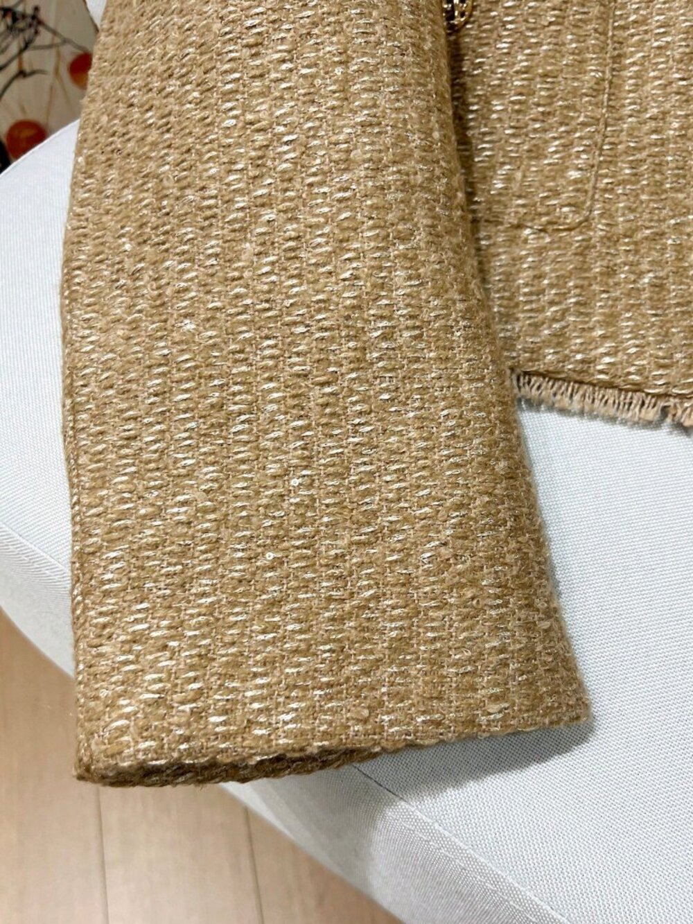 Khaki Elegant Casual Women's Loose metallic shimmer Tweed Jacket - Picture 6 of 6